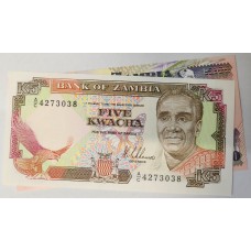 ZAMBIA 1986-1992 . FIVE 5 and ONE HUNDRED 100 KWACHA BANKNOTES